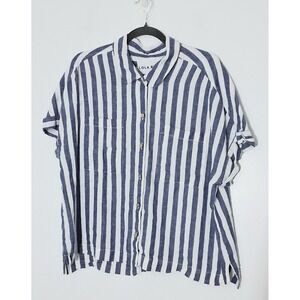 Lola River Blouse Size XL Blue & White Striped Linen Blend Nautical Coastal Sea